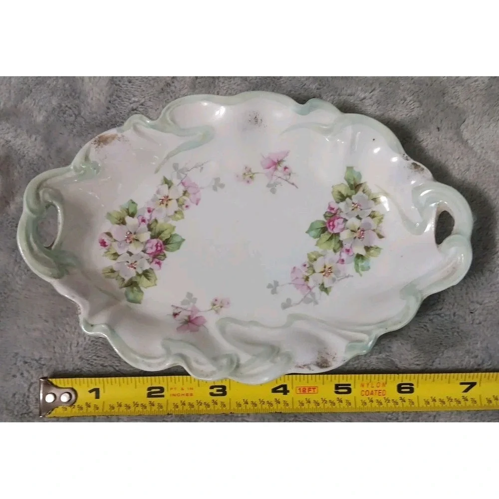 Vtg PROV SXE ES Trinket Dish Tray Gold Green Trim Wild Rose 7